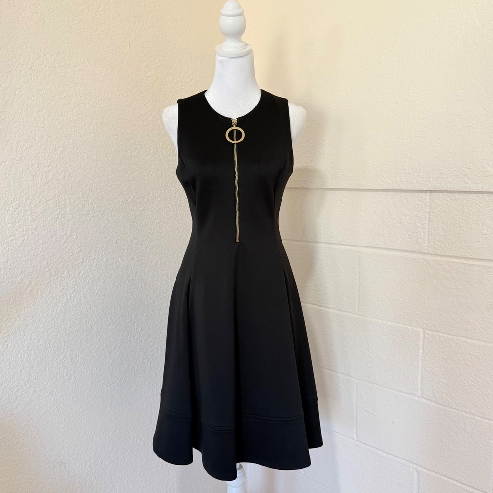 DKNY Fit and Flare Dress Womens 4 Black Gold Ring Zip Pocket Sleeveless Career